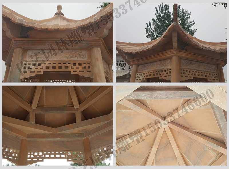 中式大理石涼亭，石雕六角亭子細節(jié)圖，定制中式景觀涼亭